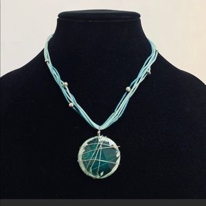 Glass art pendant turquoise 9” drop  boho‎